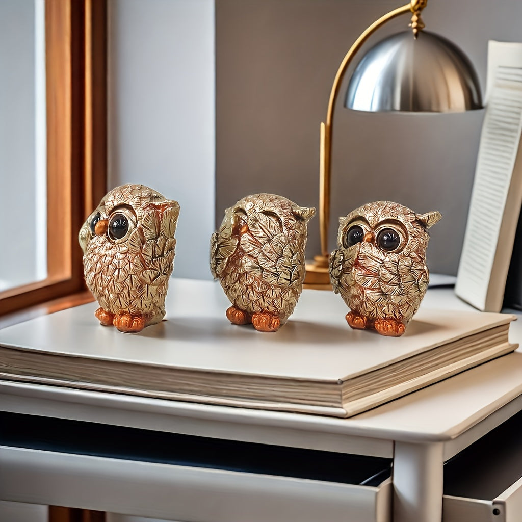 3 European-style owl figurines crafted from resin for indoor decoration in living rooms, offices, and home decor - versatile and no need for electricity.