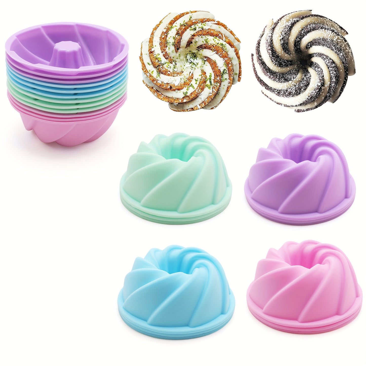 Silicone Bundt Keks Qovoq Seti - 12 ta yopishmaydigan Mini Fluted Keks Qoplari, 6.35 sm Spiral Silikon Qovoqlari - Bagel, Muffin, Jeli va Keks Pishirish uchun Isiga Bardoshli Pishirish Asboblari