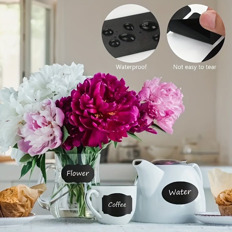 The set includes 120 black chalkboard label stickers that are both reusable and waterproof, perfect for organizing your kitchen. They feature a decorative wavy edge design and are ideal for labeling pantry containers, jars, and condiments for storage.