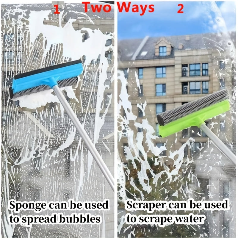 Durable plastic material dual-sided window cleaning tool that is extendable and can be used as a floor squeegee and car window brush. Perfect for cleaning living rooms, bathrooms, glass, and floors.