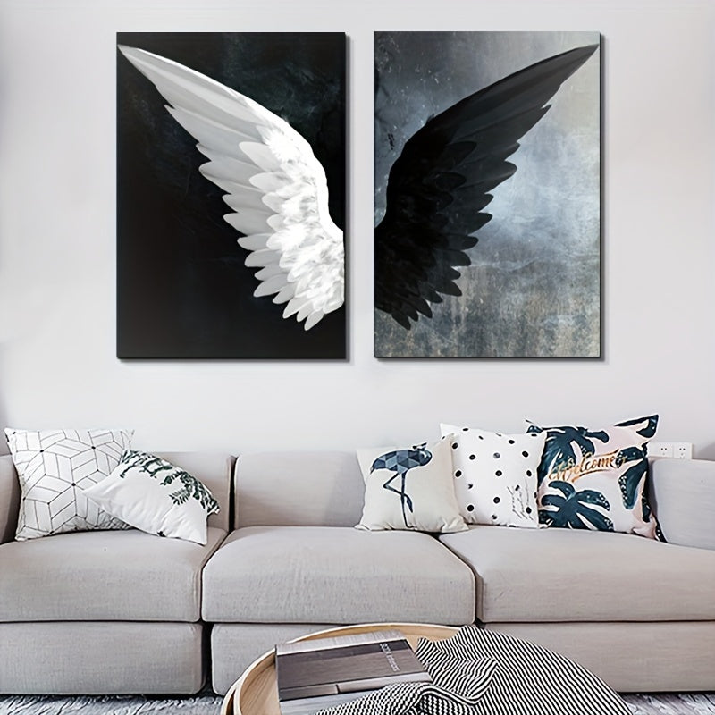 Set of two modern black and white angel wings canvas prints for living room, bedroom, office, or hallway decor. Frames not included.