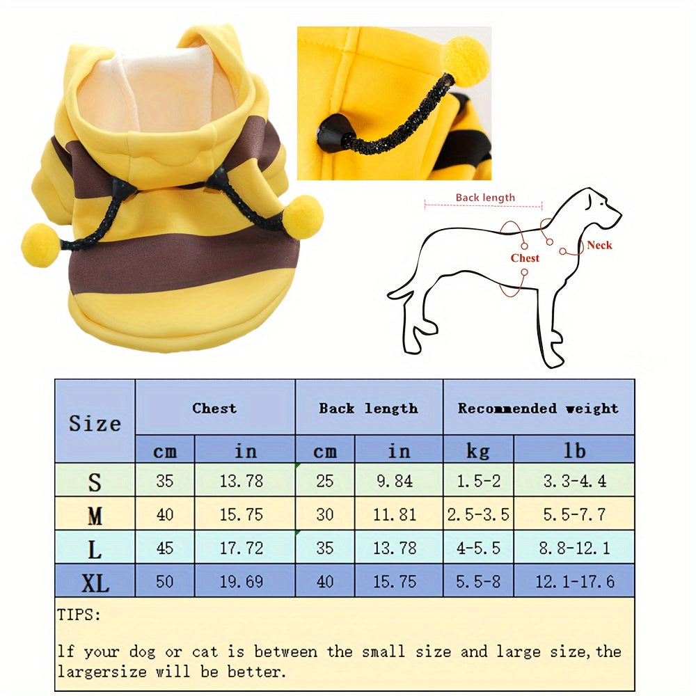 Bee costume hoodie for small to medium pets, suitable for cats and dogs under 8kg. Made from 100% polyester with a cute bee design.