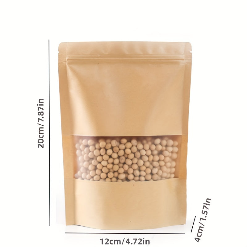 50/25 Waterproof Kraft Paper Stand Up Pouches with Window for Coffee, Resealable and Sealable for Home or Business Packaging.