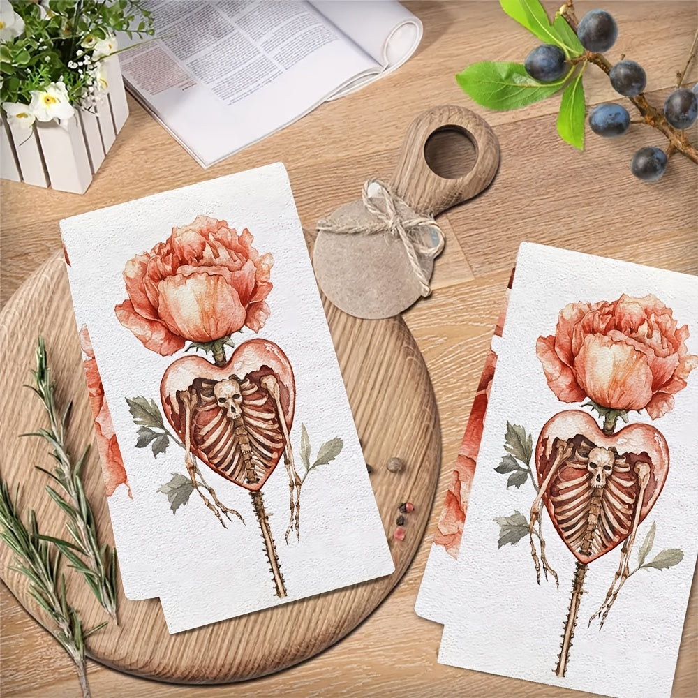 Set of 2 Ultra Soft Kitchen Towels featuring a Valentine's Day Skeleton Heart and Floral design. These towels are highly absorbent, machine washable, and measure 40.64x60.96 cm. They are perfect for holiday decor and Valentine's Day essentials, with a