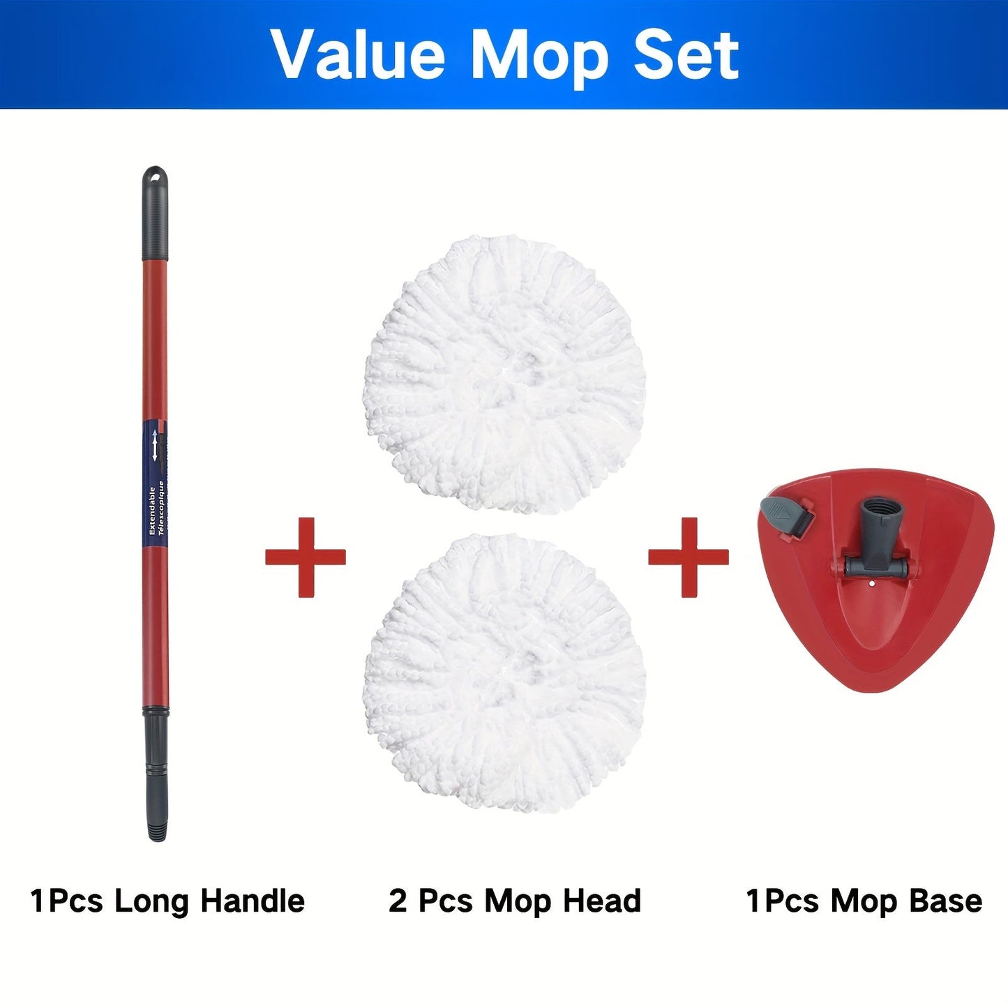 The Home Times Mop Replacement Parts includes 2 Microfiber Mop Heads, 1 Retractable 3-Section Mop Handle (55.88-124.46cm), and 1 Mop Base Cover Set specifically designed for the O-Ceda EasyWring 1-Tank Spin Mop System. This versatile set is suitable for