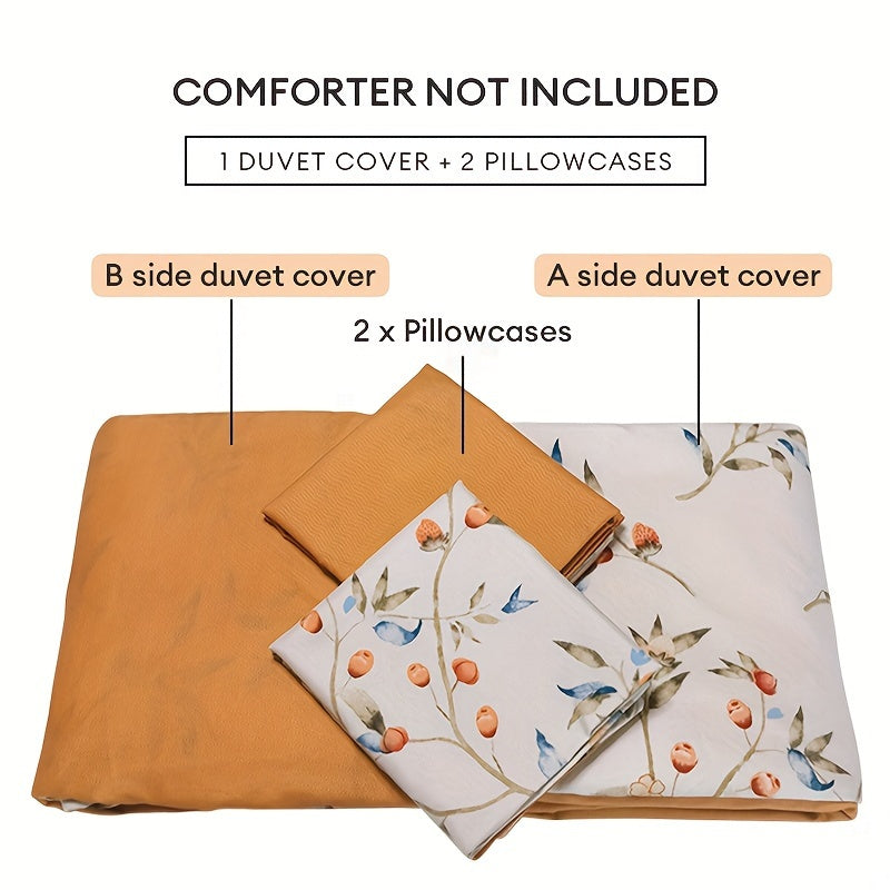 Orange flower and fruit plant pattern quilt cover set includes 1 quilt cover and 2 pillowcases in a pastoral style. Made from comfortable and skin-friendly material, it is non-ball and can be machine washed. Available in single, double, standard, and