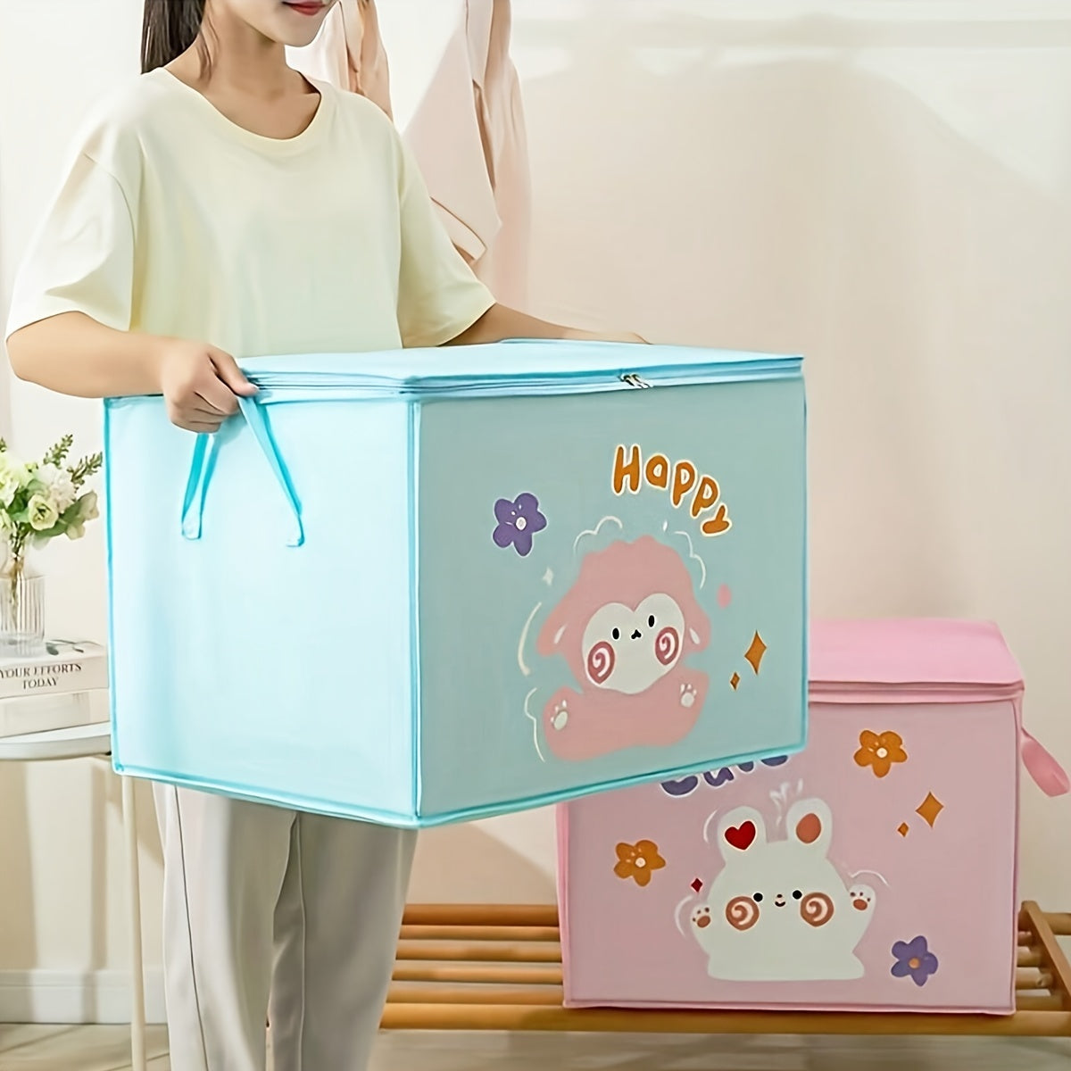 Spacious Cartoon Storage Box with Zipper - Made of Non-Woven Fabric, Includes Transparent Window for Organizing Clothes & Pillows