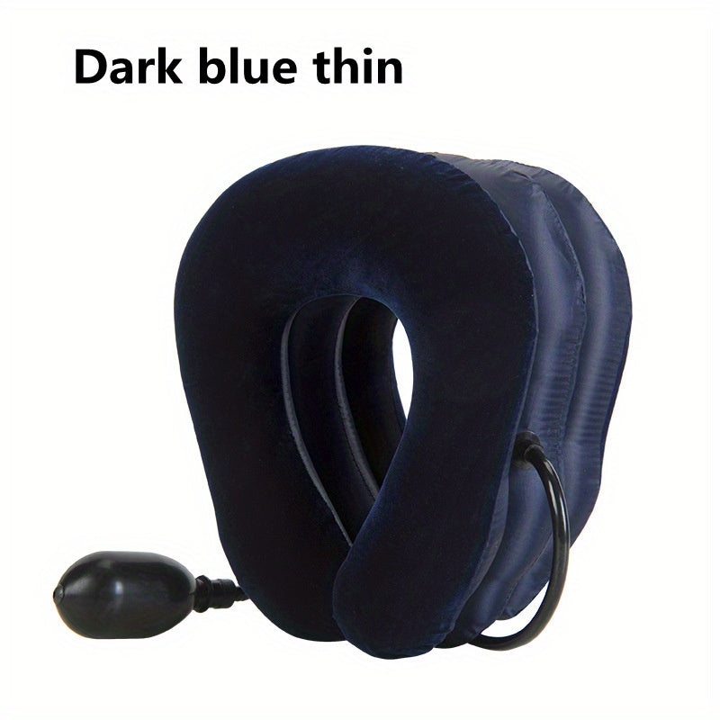 Thick/thin inflatable neck pillow for travel and relaxation with stretch and traction capabilities.