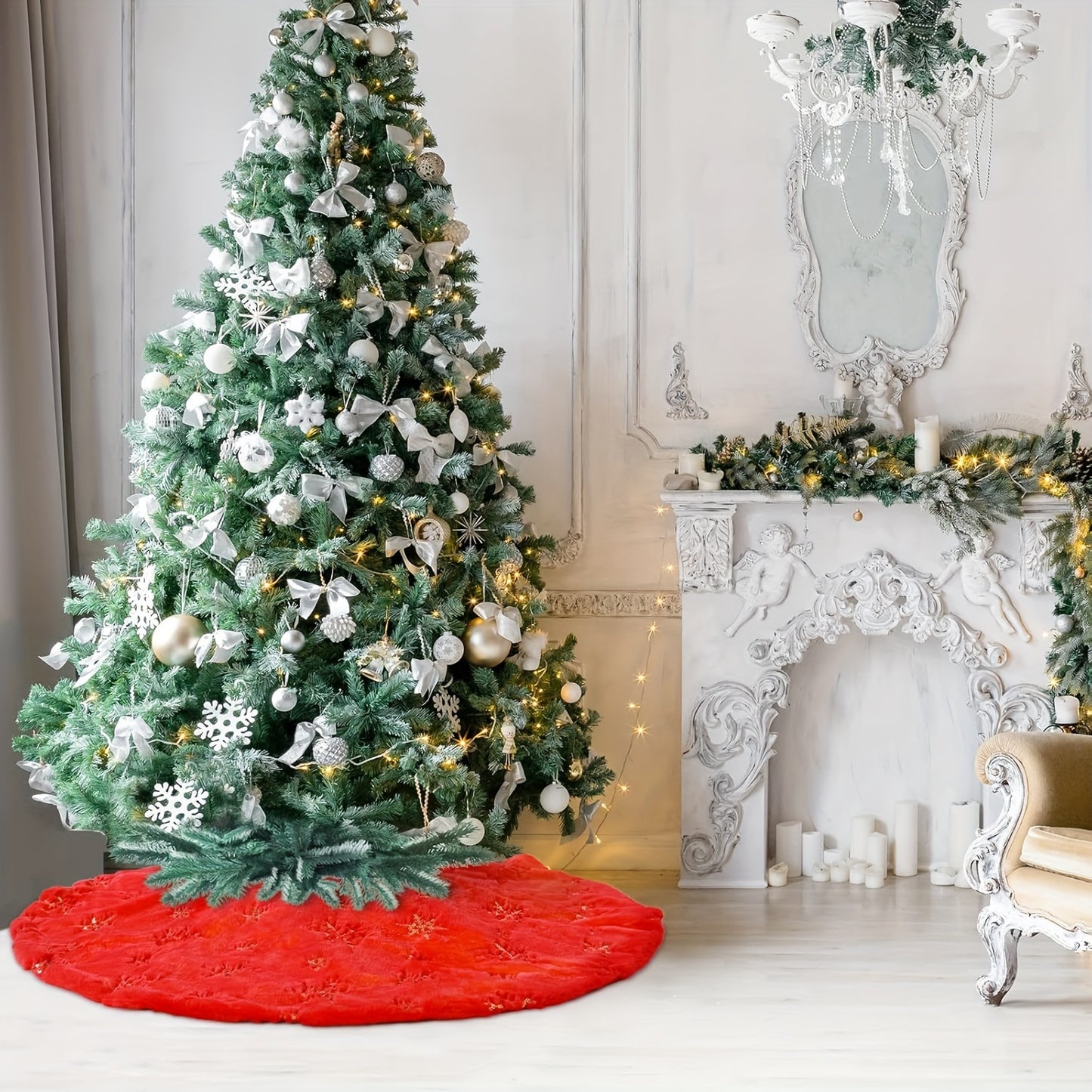 White velvet Christmas tree skirt with golden snowflake embroidery, ideal for Halloween, Christmas, and Valentine's Day. Festive holiday decoration with textured detailing.