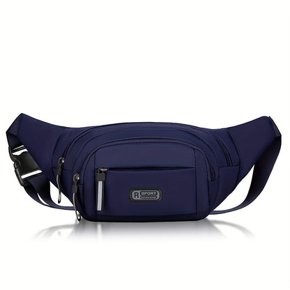 Men's sports waist pack in black. Large capacity, water-resistant, fashionable and durable. Features a phone pouch, adjustable shoulder strap, and wristlet. Hand washable and