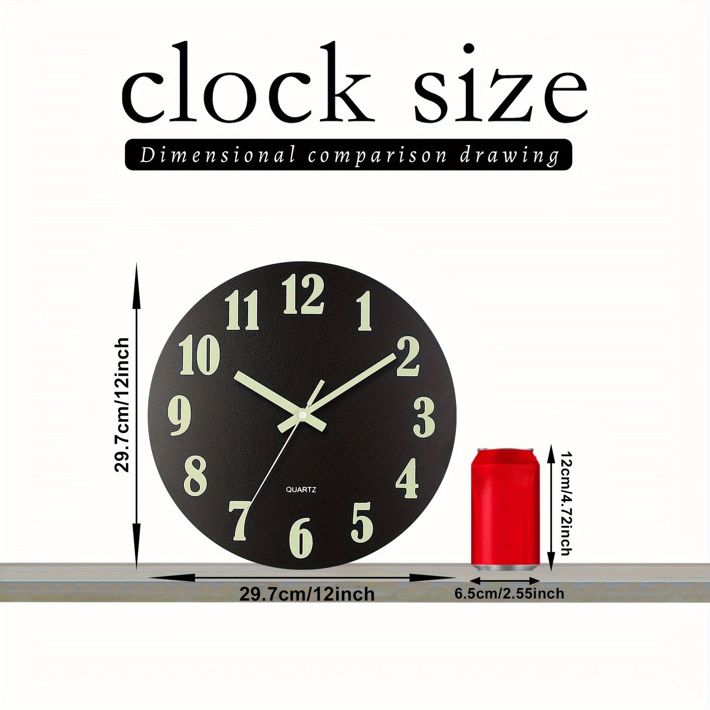 Black glow-in-the-dark wall clock with retro design and silent non-ticking mechanism. Features wooden frame, luminous green numbers for day and night display. Ideal for living room, bedroom, kitchen, or office decor. Batteries not included.