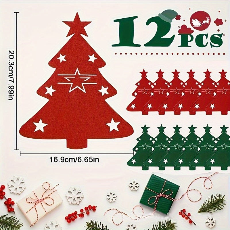 Set of 12 Christmas tree cutlery holders - Paper pouches for forks and spoons to add festive touch to holiday table decor, perfect for party favors and gifts that do not touch food.