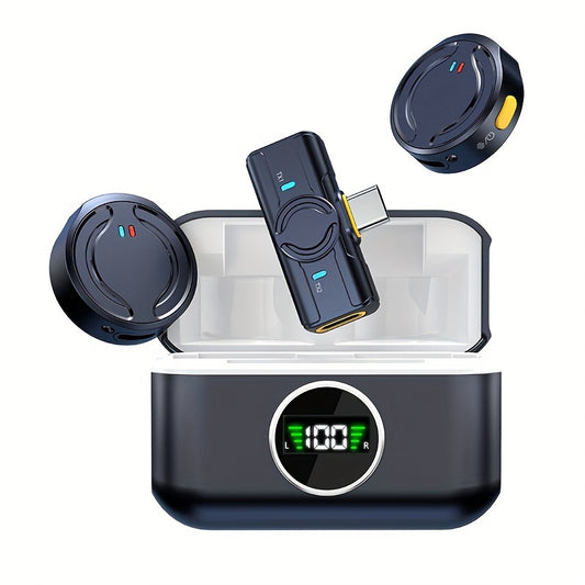 Wireless clip-on microphone with LED display, noise reduction, and USB-C compatibility for video recording, live streaming, interviews, and video notes.