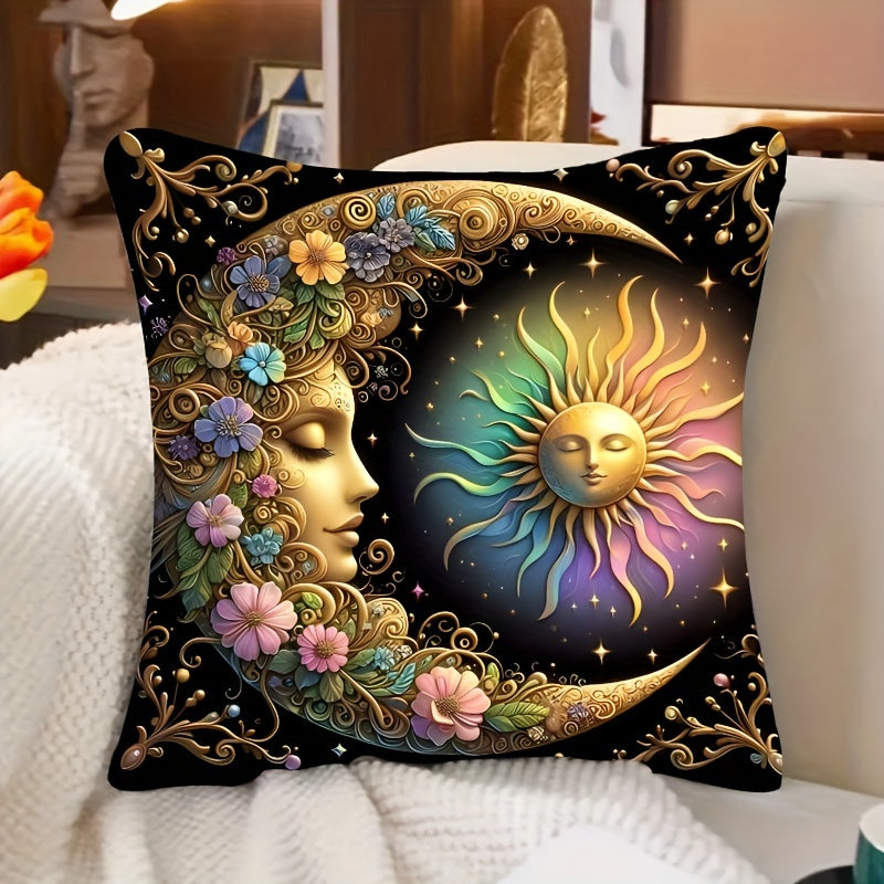 Bohemian-style celestial sun and moon pillow cover, 44.96x44.96 cm, machine washable polyester knit fabric, ideal for home and bedroom decor. Zippered decorative cushion cover, perfect for living room. Architectural collectible accessory (pillow insert