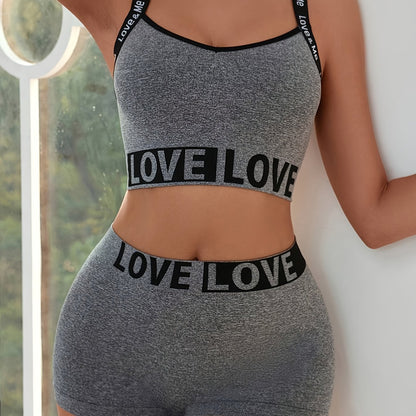 Two-piece set for women featuring love letter crop top and high-waisted shorts, seamless tummy control panties, soft and comfortable lift, breathable knit fabric, adult size, nylon