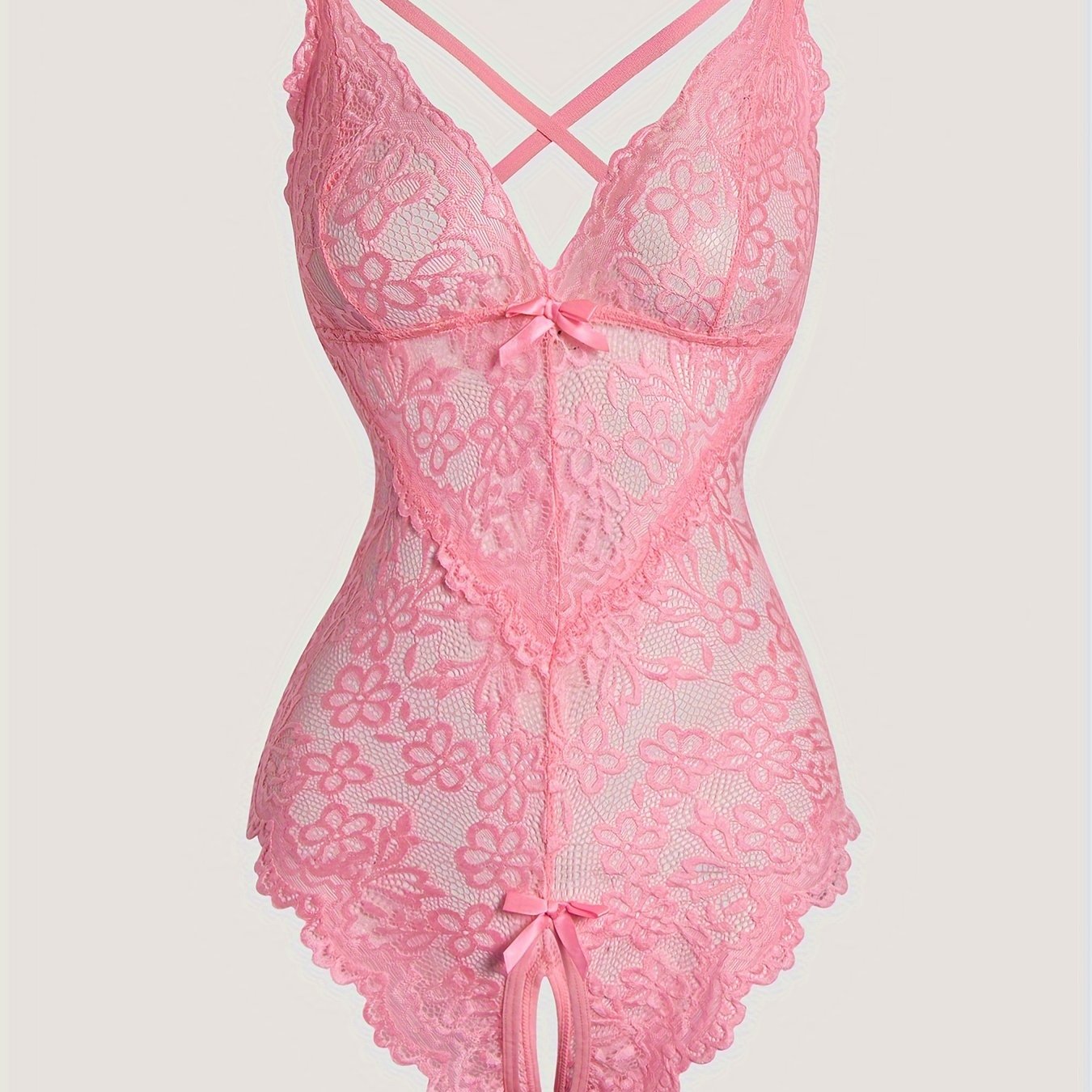 Adult size lace bodysuit made of polyester knit fabric with hollow-out detailing, no padding or belt.