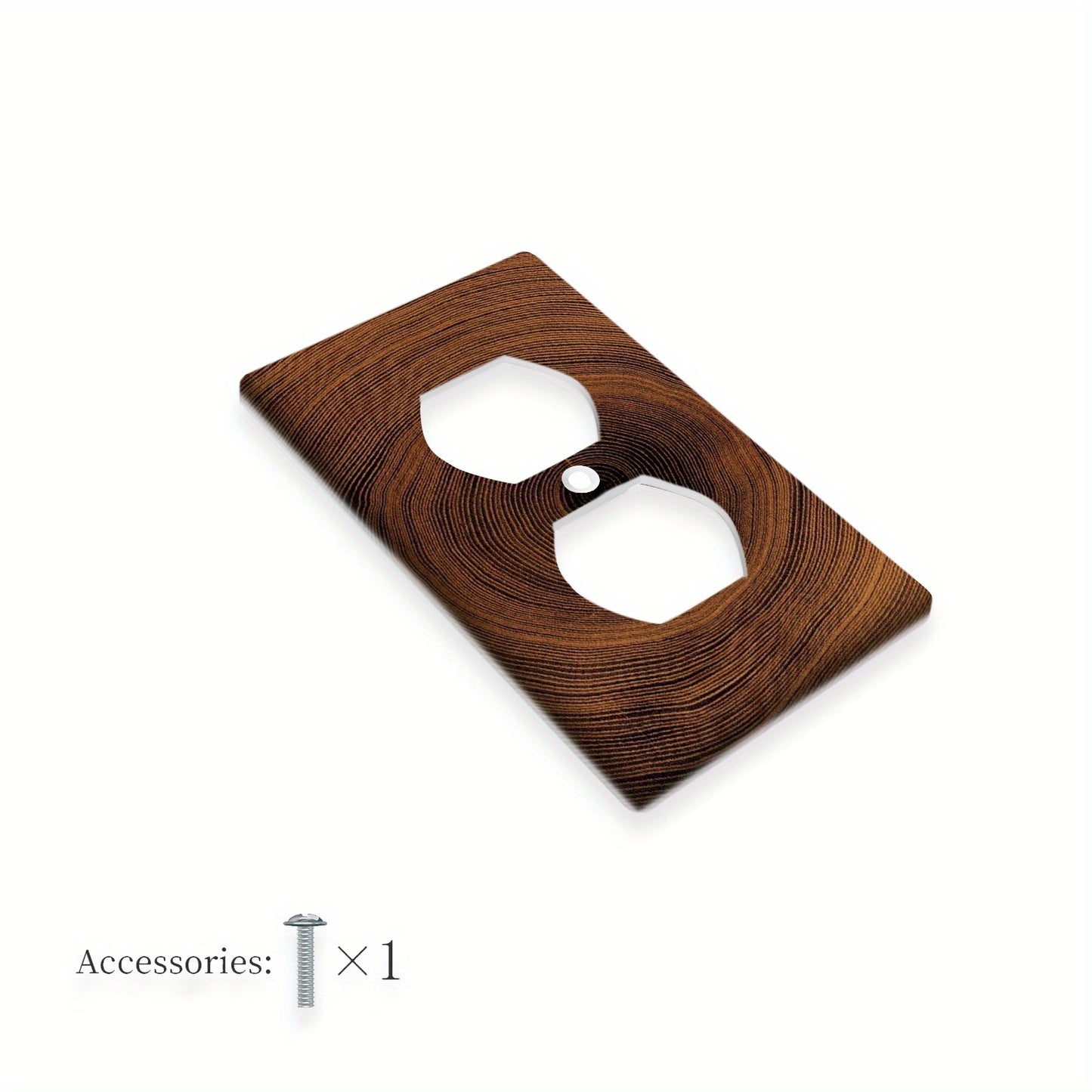 Wood wall panel with decorative light switch and socket cover featuring wood grain ring pattern. Easy to install indoors or outdoors without needing power.