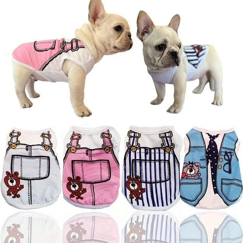 Cute cartoon dog t-shirts for small breeds made of soft polyester. Short sleeve vest tops with bow and accessory details, ideal for spring/summer. Easy pullover style, not washable. Fits