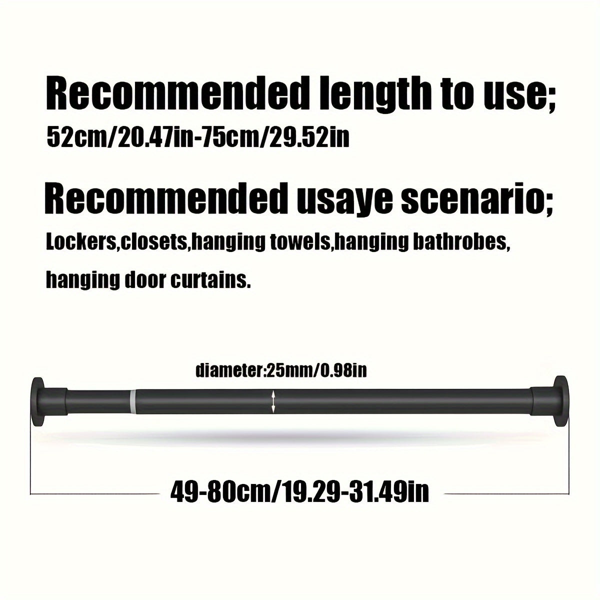 Telescopic rod with built-in spring provides strong gravity support for various uses such as shower curtains, drying racks, window treatments, Roman rods, and wardrobe support.