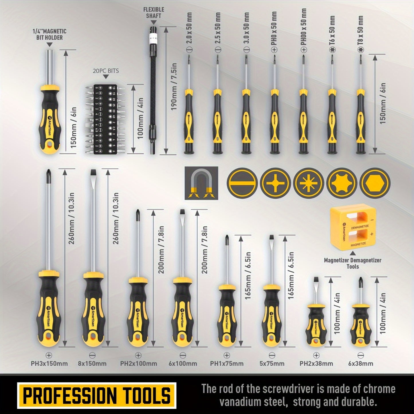 AMARTISAN Magnetic Screwdriver Set with 43 pieces in Black and Yellow, made of Chrome Vanadium Steel. Includes various types of screwdrivers and magnetic demagnetization tools. No battery