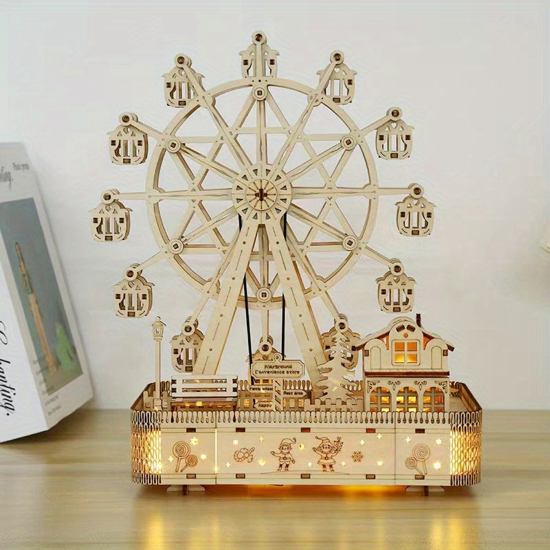 Wooden DIY assembly hobby model kit of Ferris wheel, suitable for adults and teens 14+, serves as a decorative carousel replica.