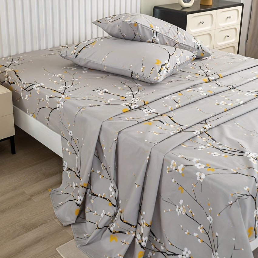 Floral Branch Fitted Sheet Set with 4 pieces, made of soft microfiber with deep pocket fitted sheet and included pillowcases. No core.