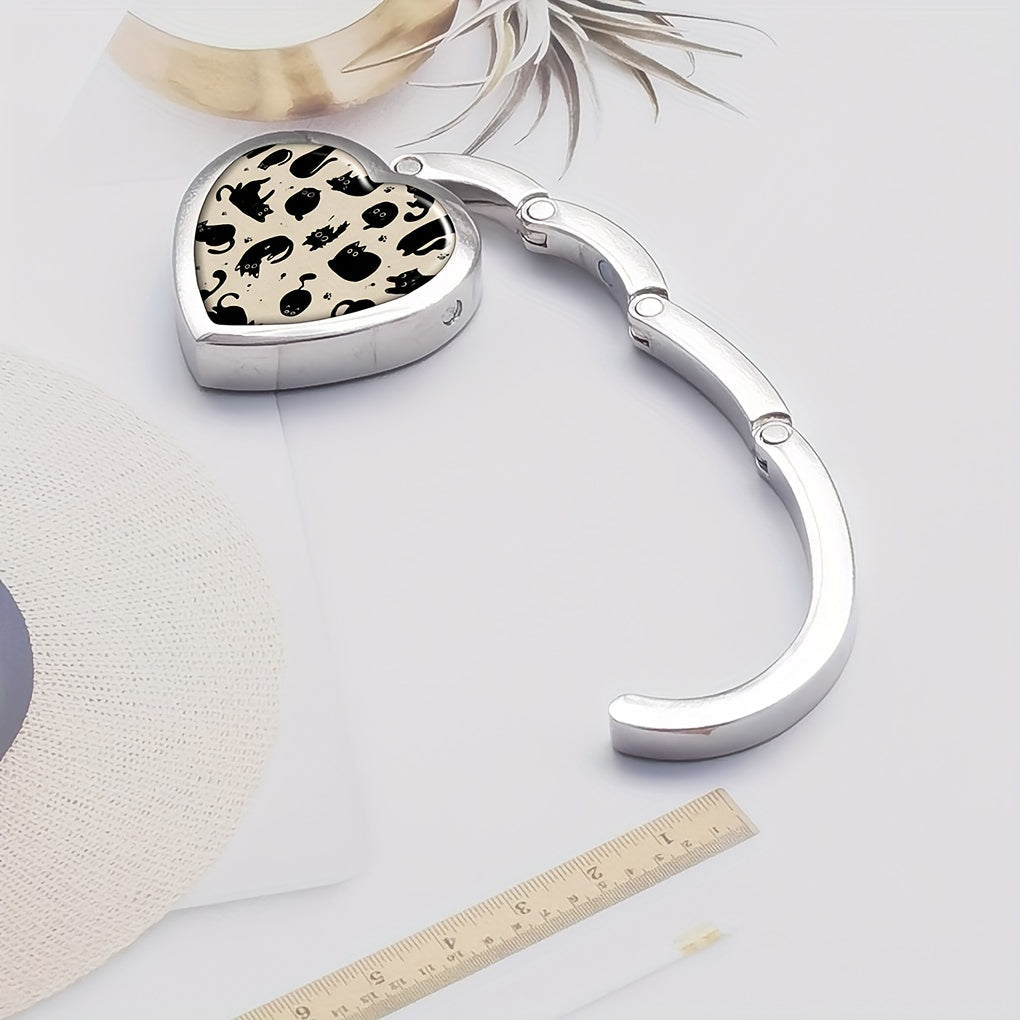 Heart-Shaped Foldable Purse Hanger with Chic Vintage Style - Tabletop Hook made of Zinc Alloy for Handbags & Keys featuring an Adorable Cat Design