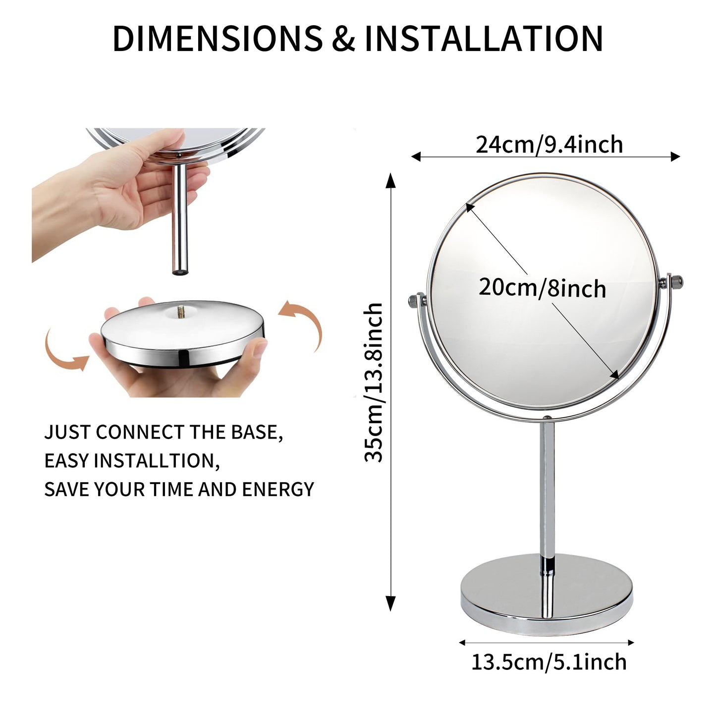 Double-sided magnifying makeup mirror with 10X/1X magnification. Rotate 360 degrees for use in desktop, bathroom, and office.