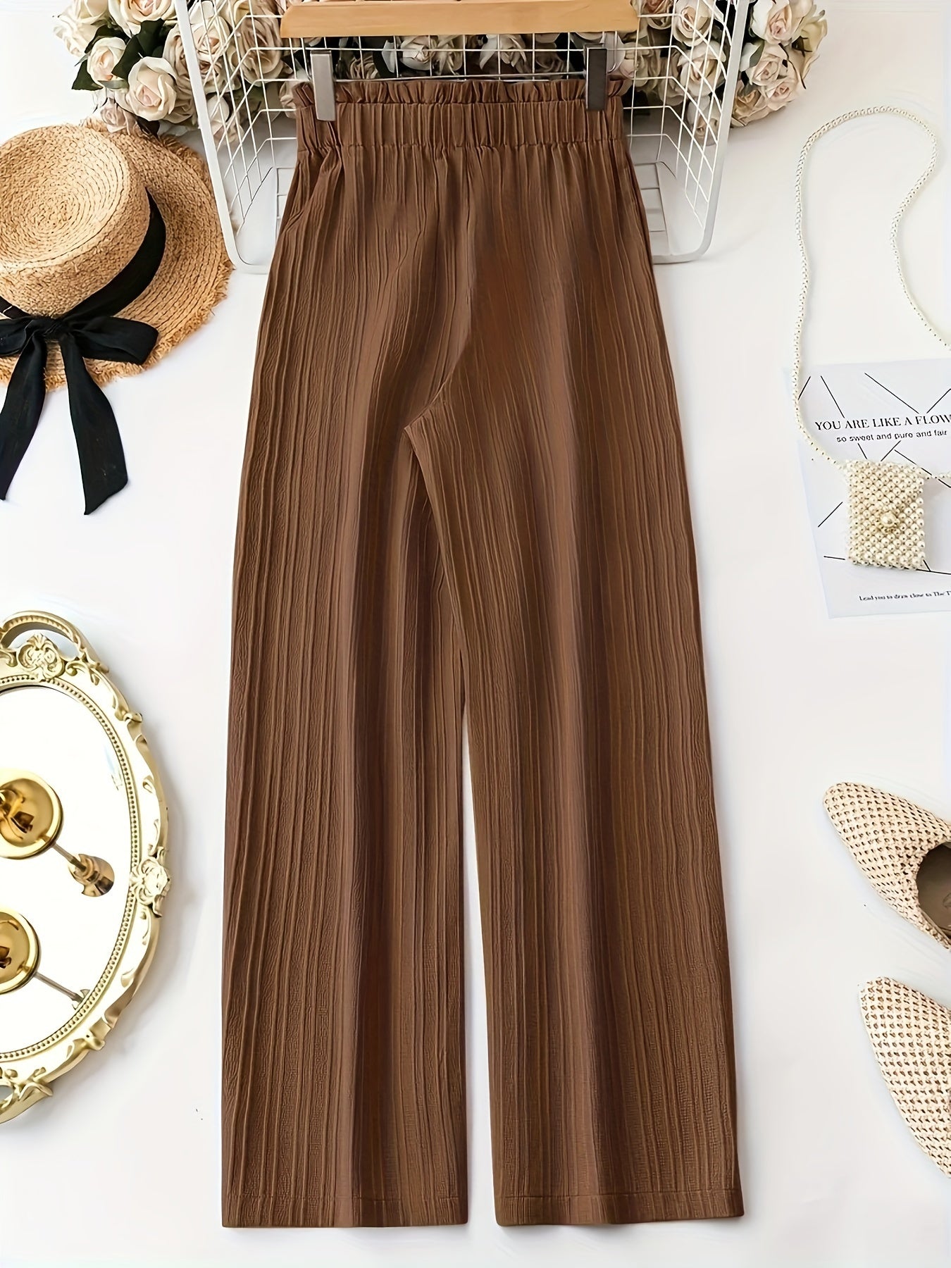 Pleated polyester pants for women with solid color, wide leg, belted style. Suitable for spring/summer/autumn seasons.