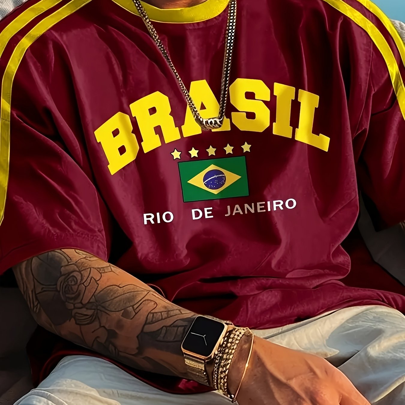 Brazil-inspired casual short sleeve t-shirt for men, in plus size. Made from polyester knit fabric with slight stretch, perfect for summer outdoor and daily wear.