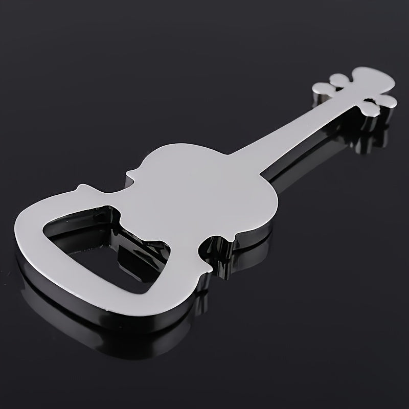 Silver guitar-shaped metal bottle opener, portable mini bar tool with keychain pendant, novelty musical instrument design, no power supply required.