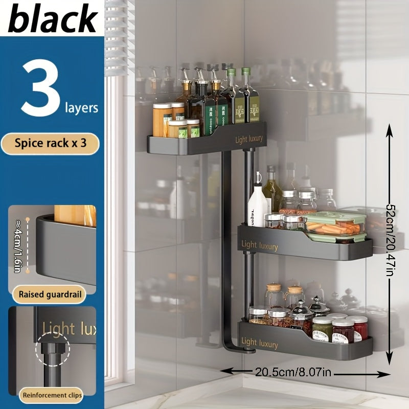 Polished Black Luxury Rotating Kitchen Spice Rack with Adjustable No-Drill Wall Mount - Multi-Layer Aluminum Organizer for Seasonings, Oils, Salt & Sauces