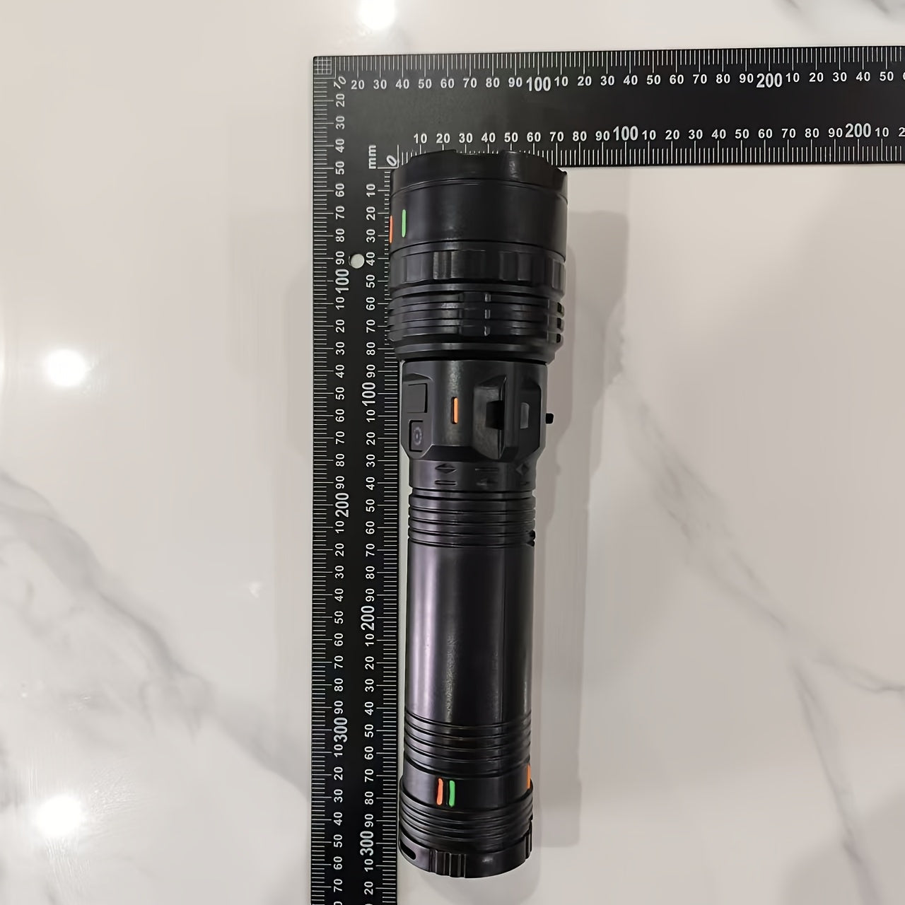 Ultra bright LED flashlight with 1000 lumens, 4 modes, 200m range, and adjustable beam. Includes a 3600mAh lithium battery that is USB Type-C rechargeable. Made of ABS material and suitable