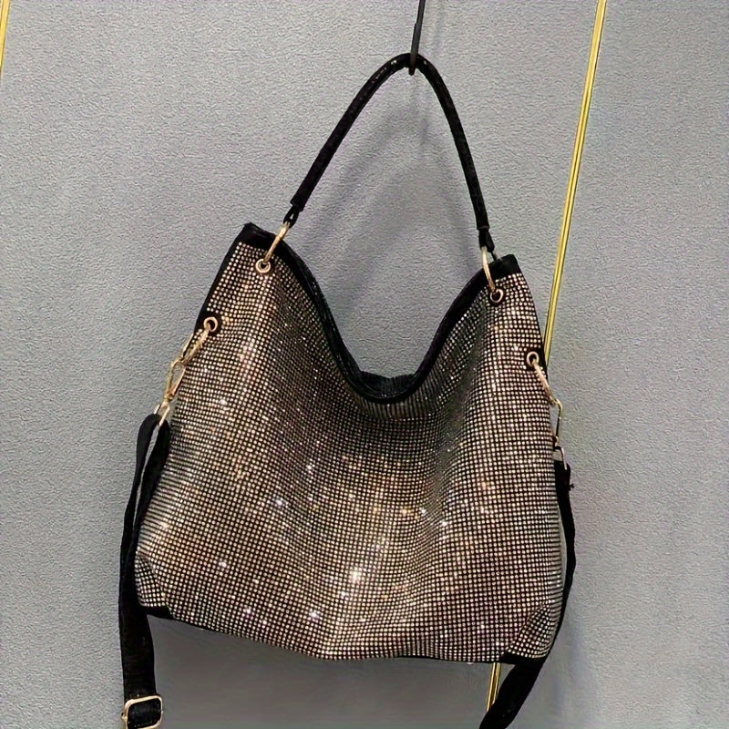 Chic Women's tote with rhinestones, leopard print, and detachable strap - ideal for daily commute and weekend getaways.