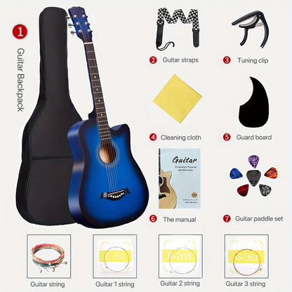 38-Inch Acoustic Guitar Starter Kit for Beginners, Includes Backpack, Strap, Capo, Picks, Picks Case, Strings, Cloth, Stickers, and Instructions.