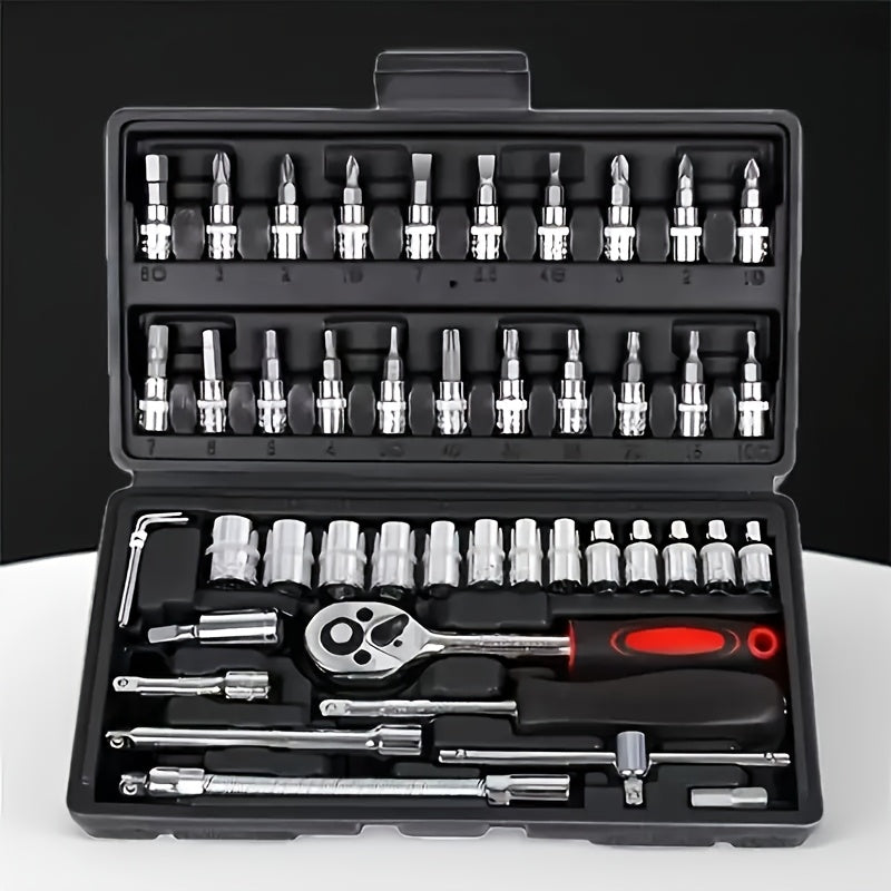 46 piece professional auto repair tool box with portable and durable ratchet wrench set for car, boat, motorcycle, and home industrial repair. Includes carrying case.