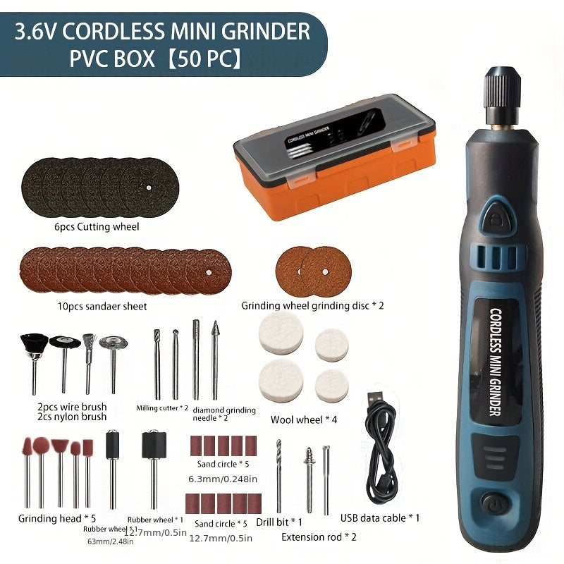 Compact electric grinder set for DIY projects, engraving, and polishing, rechargeable via USB.