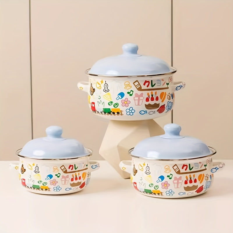 Enamel Pot: This cute cartoon instant noodle pot is a high-value soup pot for your home kitchen. Made from food-grade enamel porcelain, this double-ear pot is perfect for all your cooking needs.