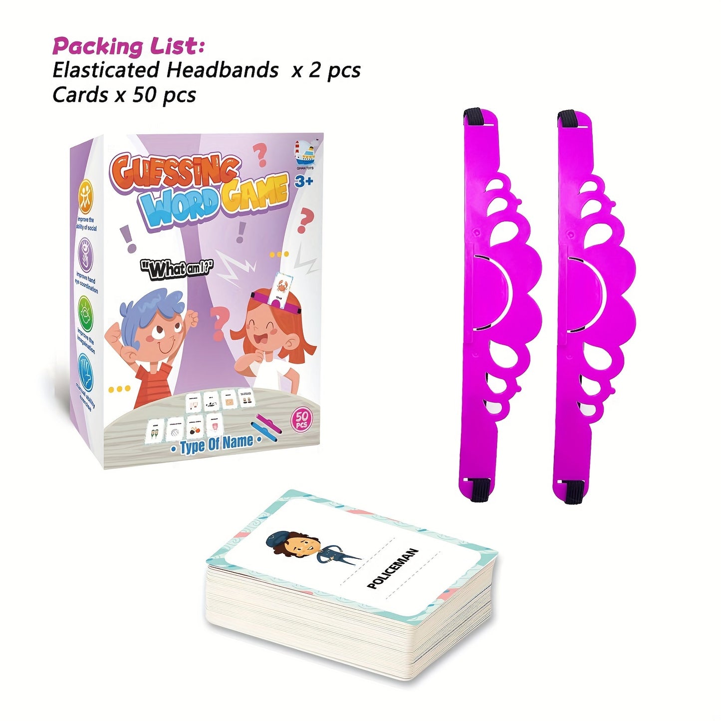 Family guessing card game for gatherings, includes headbands, 50 cards, durable stock.