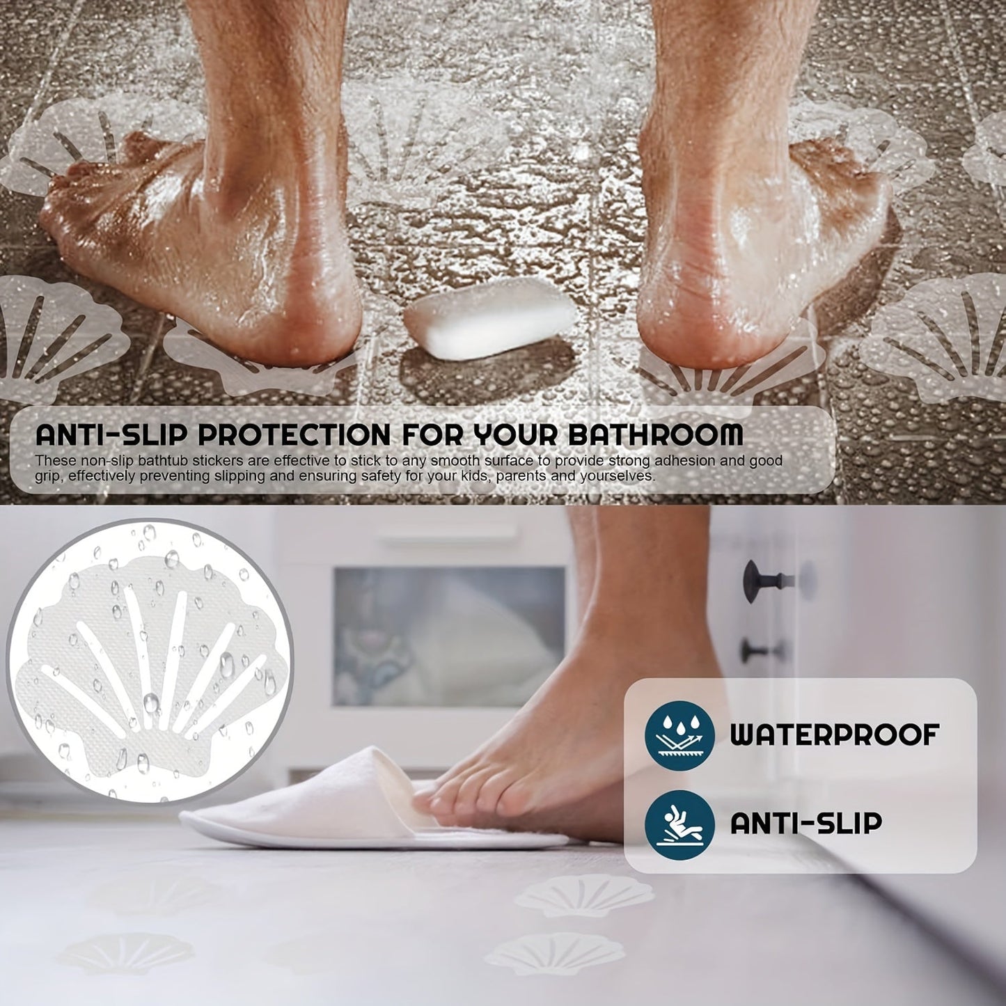 Non-slip bathtub stickers available in sets of 3, 12, or 24, featuring transparent shell shapes for use in bathtubs, shower floors, stairs, and ladders.