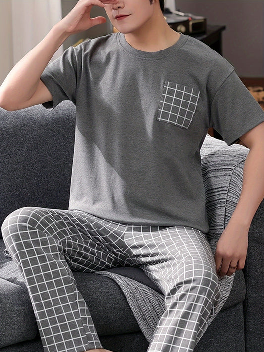 Men's 2-piece plaid pajama set includes round neck top and matching trousers for cozy loungewear comfort.