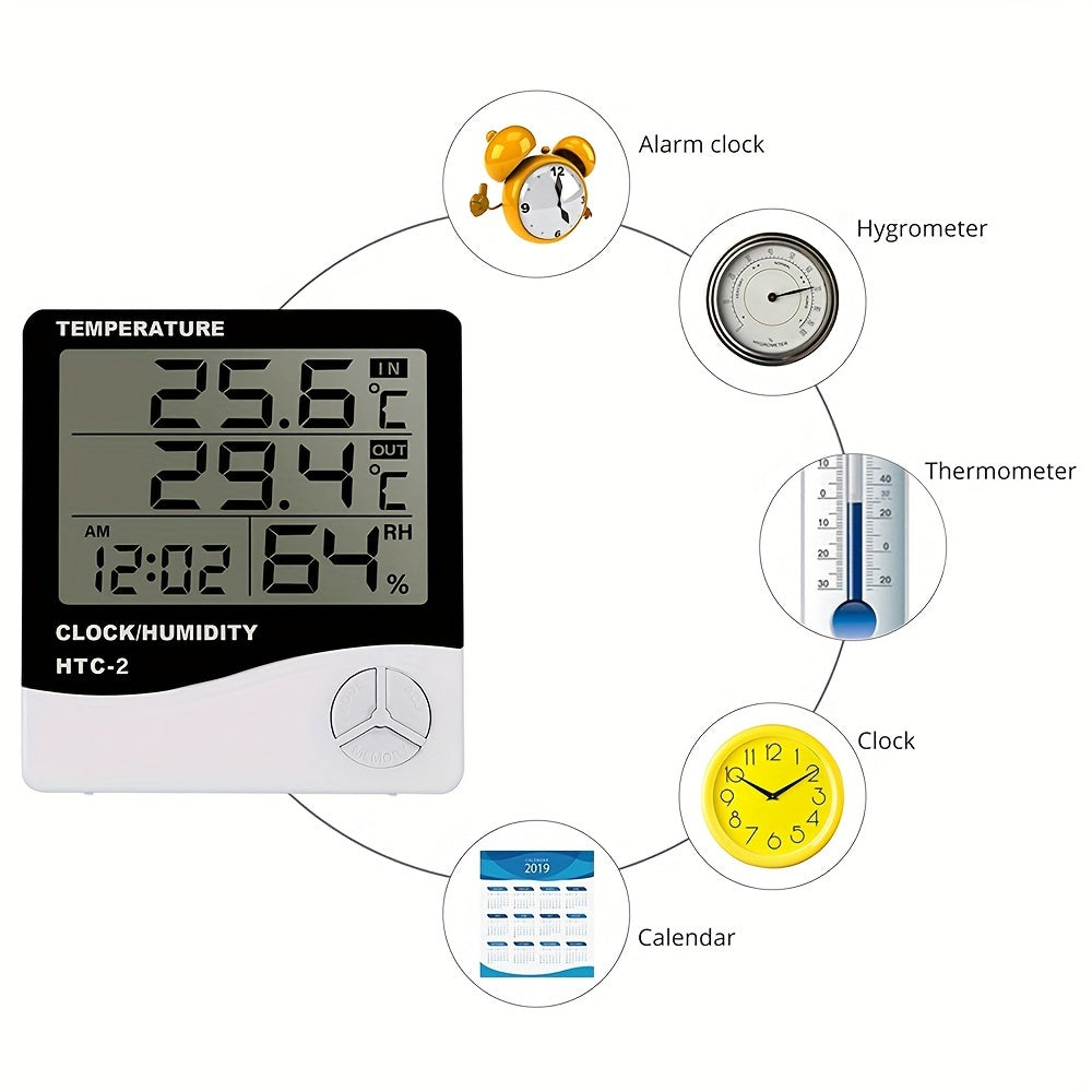 1 dona HTC-2 raqamli termometr gigrometri, ichki va tashqi ob-havo stansiyasi soati LCD displey bilan, batareya bilan ishlaydigan, 0.1 aniqlik, plastik material, oq - batareya kiritilmagan, gigrometr