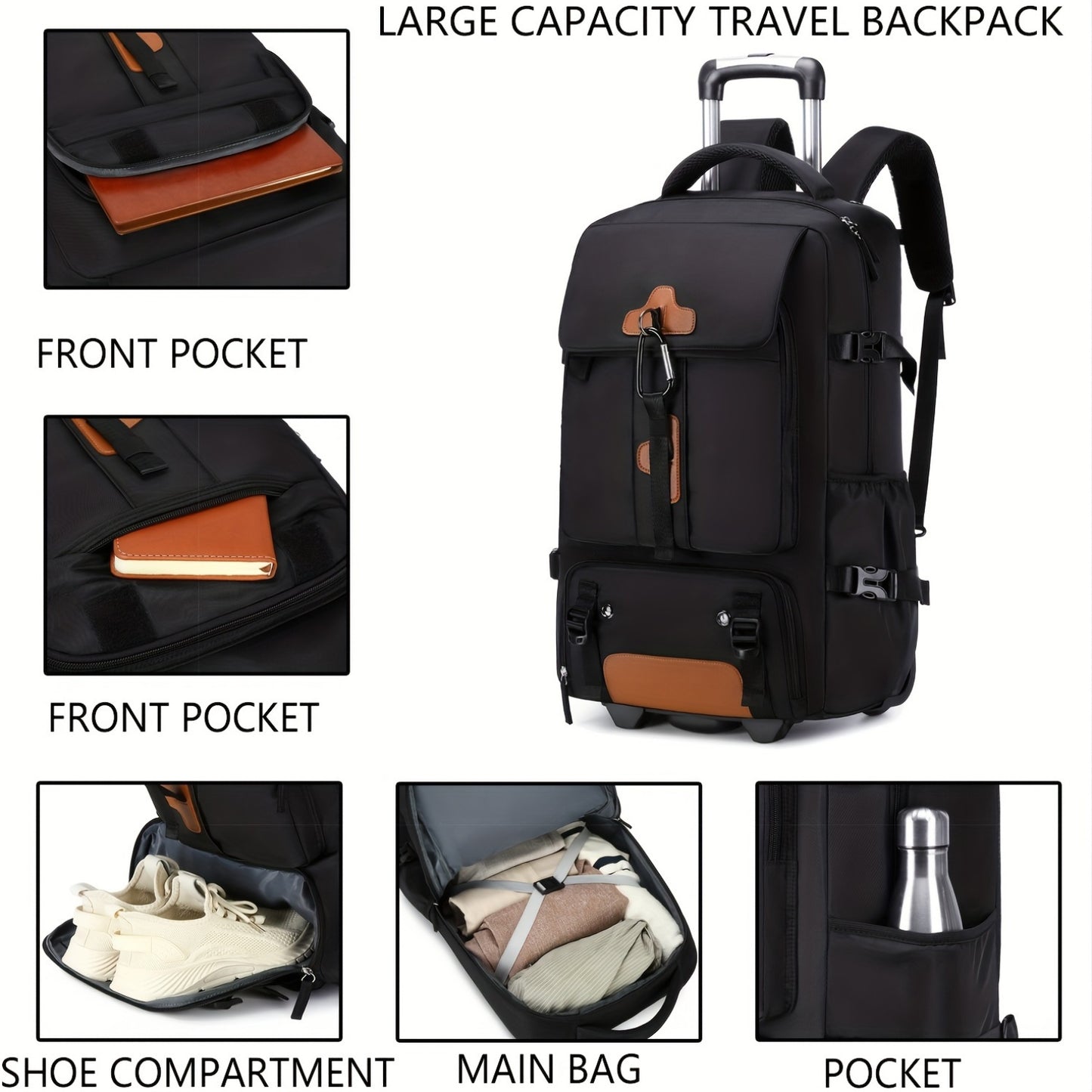 Rolling backpack for 17-inch laptop with shoe compartment for men and women. Suitable for business and school.