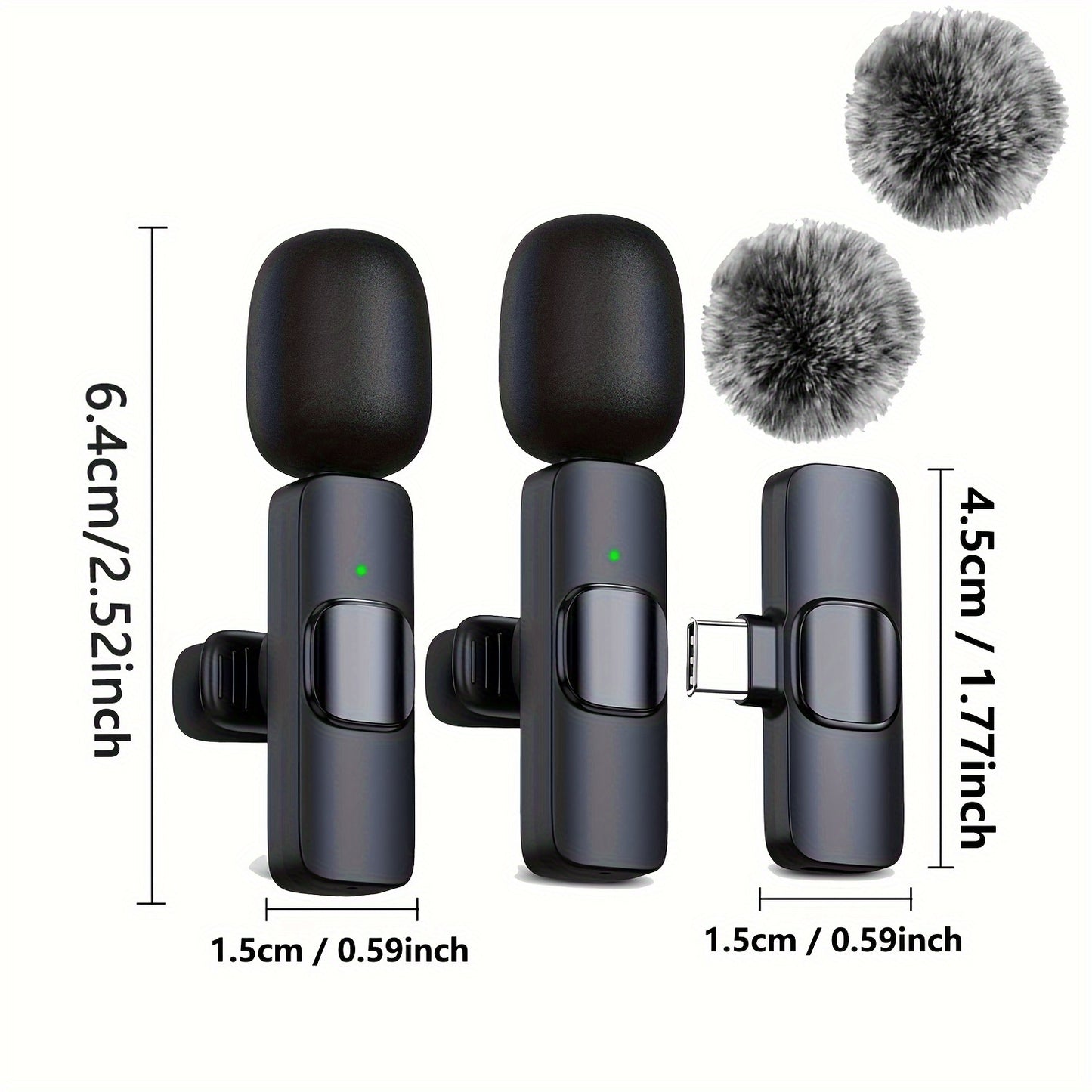 Wireless lavalier microphone with windproof fur ball for smartphones, laptops, and audio video recording, perfect for video interviews, podcasts, and vlogs.