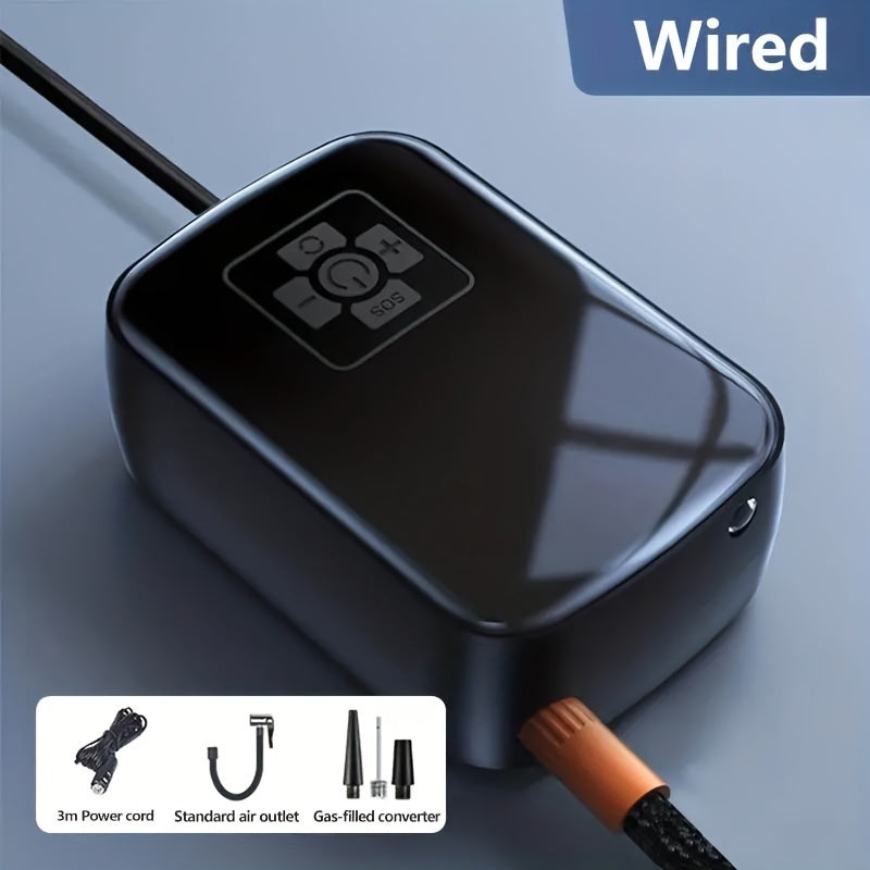 Compact wireless air pump for inflating car, motorcycle, bicycle, and ball tires.