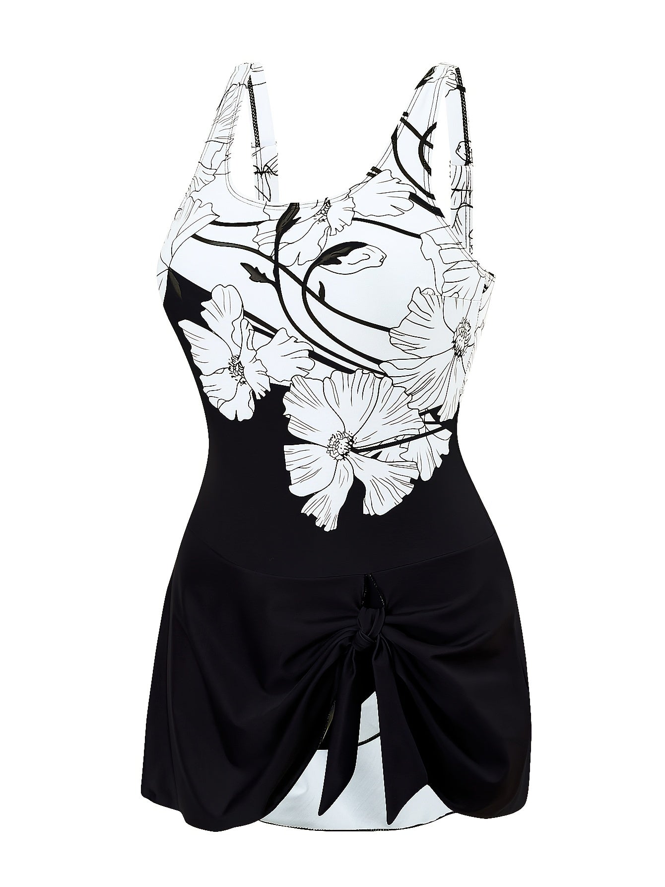 Floral print swimsuit with skirted bottom, slimming high-waisted design in black & white, stretchy polyester/elastane blend, removable pads, perfect for beach & poolside.