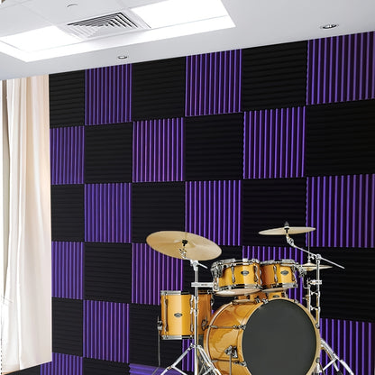 48 Black and Purple Foam Acoustic Wedges - 30.48cm x 30.48cm x 2.54cm for Studio Recording, Noise Reduction, and Instrument Isolation. Wedge pattern design with textured surface.