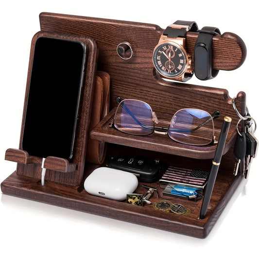 Wooden Phone Docking Station, Desk Organizer and Nightstand Organizer with Key Holder, Watch Stand, No Electricity Needed