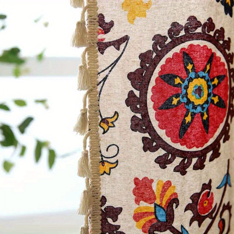 Boho Floral Semi-Blackout Curtain for Living Room, 100% Polyester Rod Pocket Drapes - Hand Washable, Water-Resistant, Decorative Door Panel with Tassel Detail and Sunflower Design - All-Season Unlined Fabric, 220-240gsm, Bohemian Style