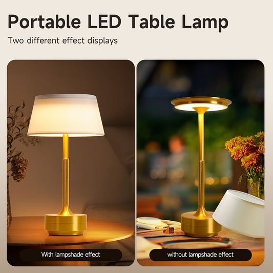 USB Rechargeable Table Lamp with Metal Material, Touch Control, 3 Color Temperatures, Stepless Dimming, and Removable Art Lampshade, suitable for various settings.